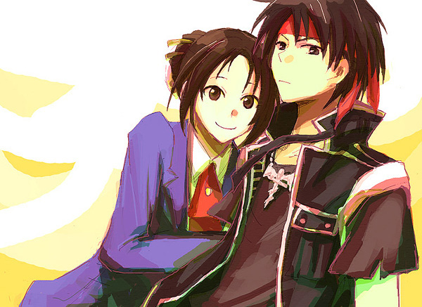 sakuta (tomohirou), constance magee, orphen, touko, majutsushi orphen, 1boy, 1girl, black hair, brown hair, headband