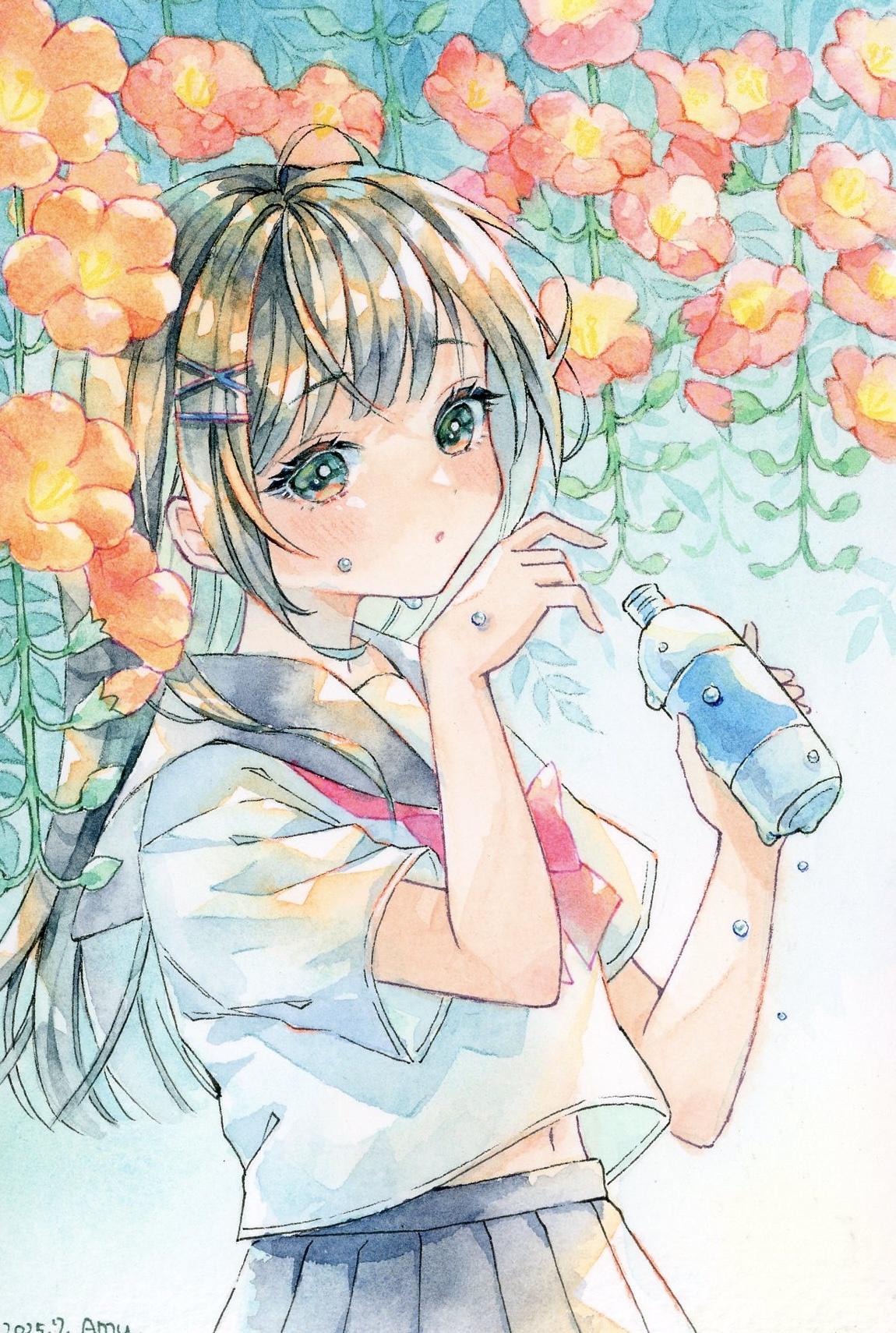 amu (m aa), original, highres, painting (medium), traditional media, watercolor (medium), 1girl, artist name, black hair, blue skirt, blunt bangs, blush, bottle, bow, bowtie, cowboy shot, dated, dot nose, dripping, from side, green eyes, hair ornament, hairclip, holding, holding bottle, hollyhock, long hair, looking at viewer, midriff, midriff peek, multicolored eyes, navel, open mouth, orange eyes, pleated skirt, red bow, red bowtie, school uniform, serafuku, shirt, signature, single sidelock, skirt, summer, water bottle, white shirt, wide sleeves