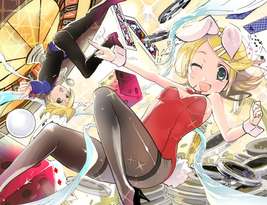 tamago kakeouji, kagamine len, kagamine rin, vocaloid, 1boy, 1girl, animal costume, animal ears, brother and sister, fake animal ears, high heels, pantyhose, playboy bunny, rabbit ears, shoes, siblings, twins, waiter
