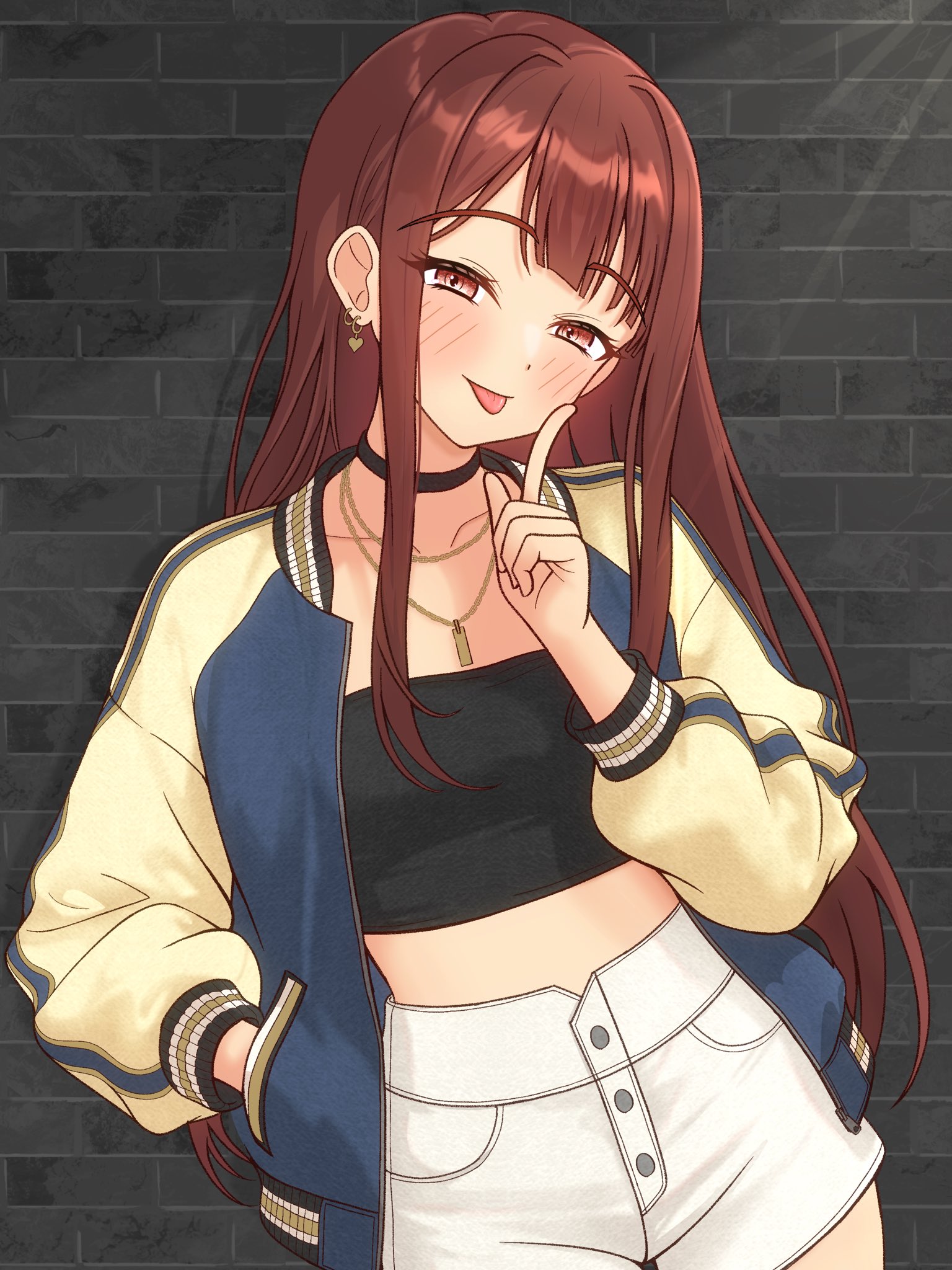 82k mugi, tanaka kotoha, idolmaster, idolmaster million live!, highres, 1girl, :p, black choker, black tube top, blush, brick wall, choker, closed mouth, hand in pocket, hand up, index finger raised, jacket, jewelry, letterman jacket, long hair, long sleeves, looking at viewer, necklace, open clothes, open jacket, red eyes, red hair, shirt, solo, standing, strapless, tongue, tongue out, tube top, white shirt