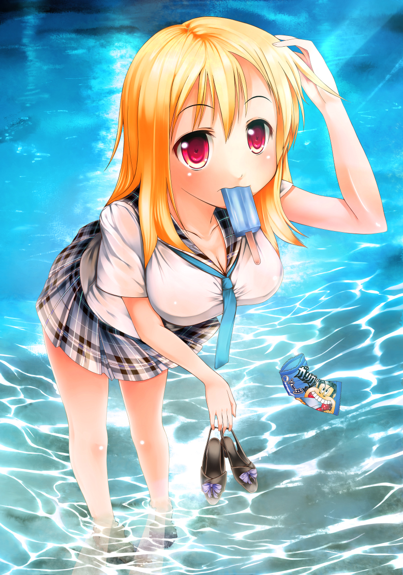 hubrael, original, 1girl, blonde hair, breasts, cleavage, female focus, food, holding, holding shoes, holding unworn clothes, large breasts, leaning forward, legs, long hair, mouth hold, necktie, ocean, plaid clothes, plaid skirt, popsicle, red eyes, school uniform, serafuku, shoes, skirt, solo, square-end necktie, unworn shoes, wading, water