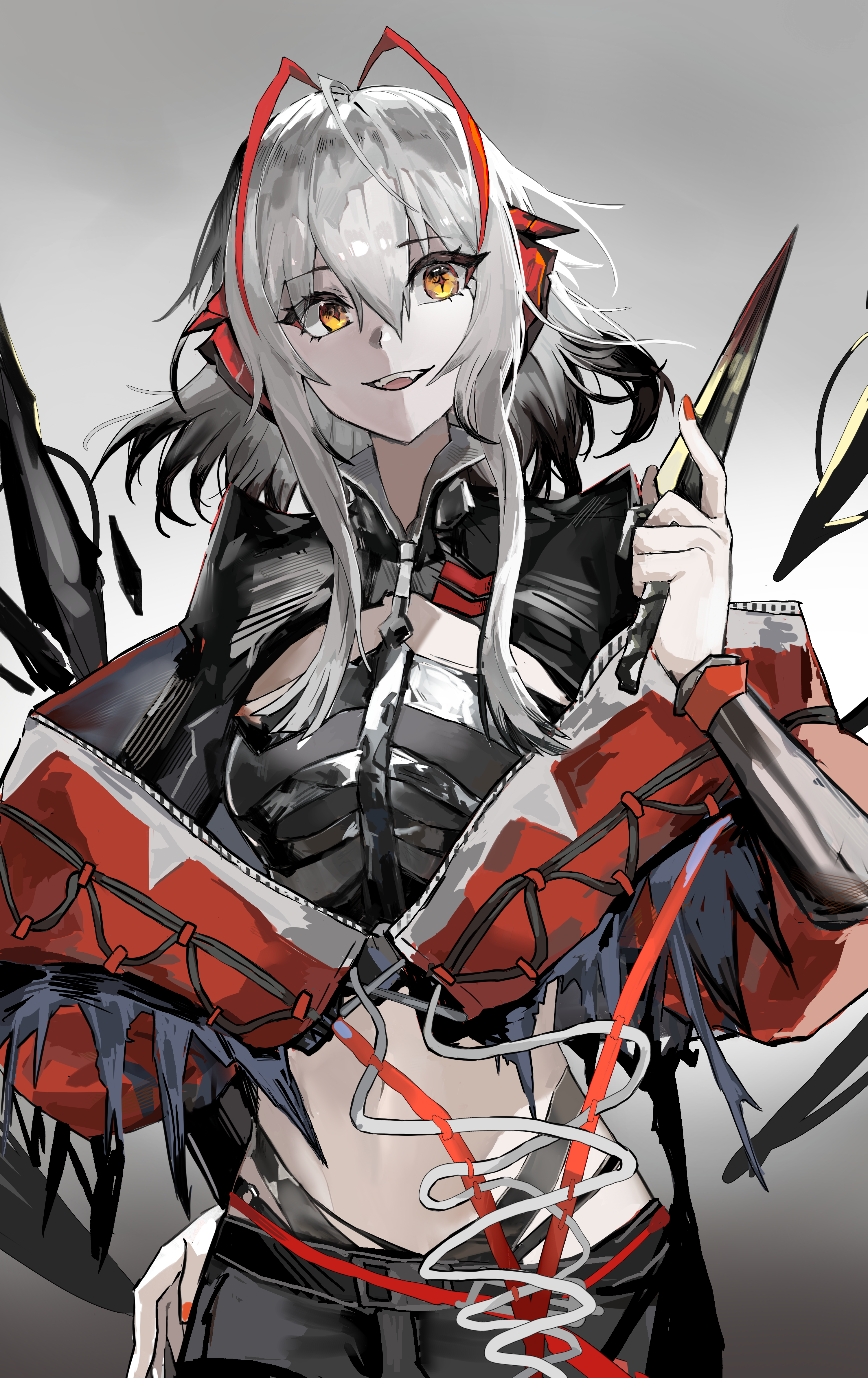 leke-leke, w (arknights), wis'adel (arknights), arknights, absurdres, chinese commentary, commentary request, highres, 1girl, ahoge, antenna hair, black hair, black shirt, cowboy shot, crop top, cropped shirt, fingernails, grey background, grey hair, hair between eyes, holding, holding kunai, holding weapon, jacket, kunai, long sidelocks, long sleeves, looking at viewer, multicolored hair, nail polish, open mouth, red hair, red jacket, red nails, shirt, short hair with long locks, sidelocks, smile, solo, standing, streaked hair, teeth, upper teeth only, weapon, yellow eyes