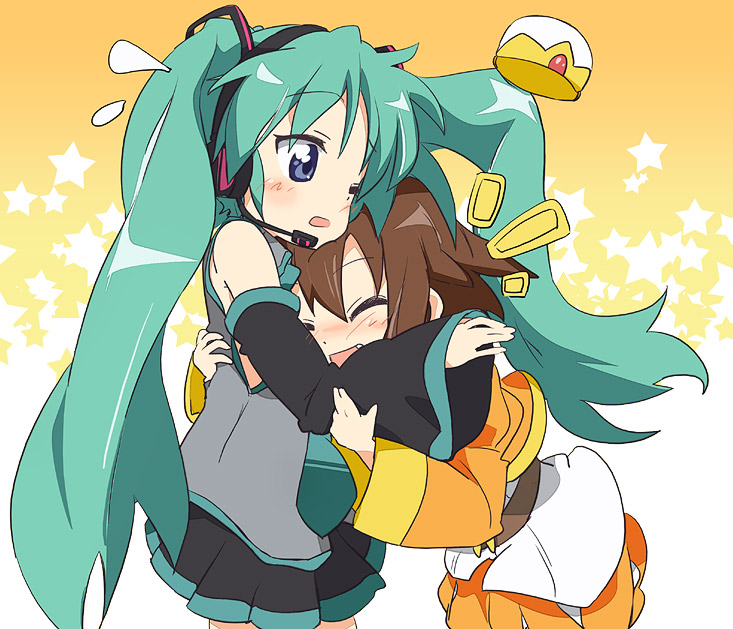 ixy, hatsune miku, hiiragi kagami, kusakabe misao, lucky star, vocaloid, 00s, 2girls, aqua hair, blue eyes, blush, brown hair, cosplay, hatsune miku (cosplay), hug, multiple girls