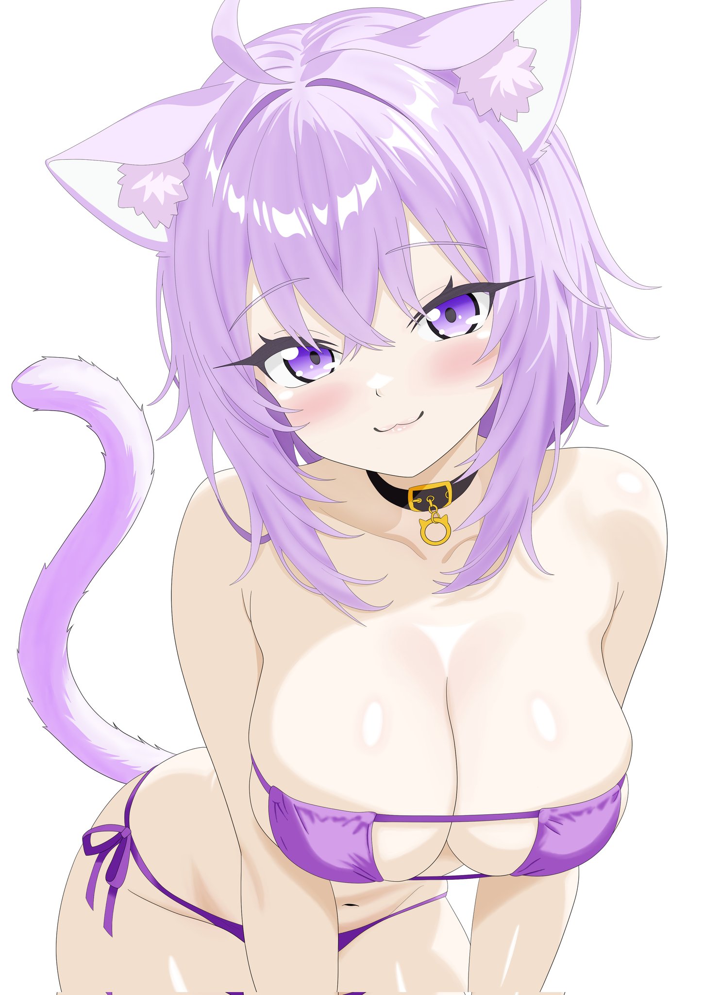 philip98267134, nekomata okayu, hololive, highres, 1girl, ahoge, animal ear fluff, animal ears, bikini, black collar, bloom, blush, breasts, cat ears, cat girl, cat tail, cleavage, closed mouth, collar, eyebrows hidden by hair, eyepatch bikini, groin, hair between eyes, large breasts, leaning forward, lips, looking at viewer, medium hair, navel, purple bikini, purple eyes, purple hair, simple background, smile, solo, stomach, swimsuit, tail, white background