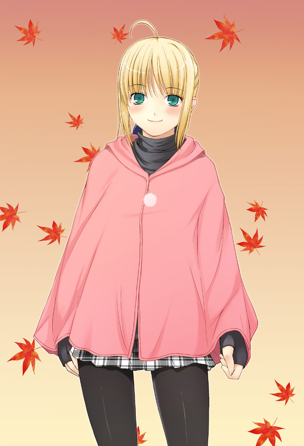 shizuku (artist), artoria pendragon (fate), saber (fate), fate/stay night, fate (series), 00s, ahoge, alternate costume, blonde hair, fingerless gloves, gloves, green eyes, leaf, pantyhose, solo