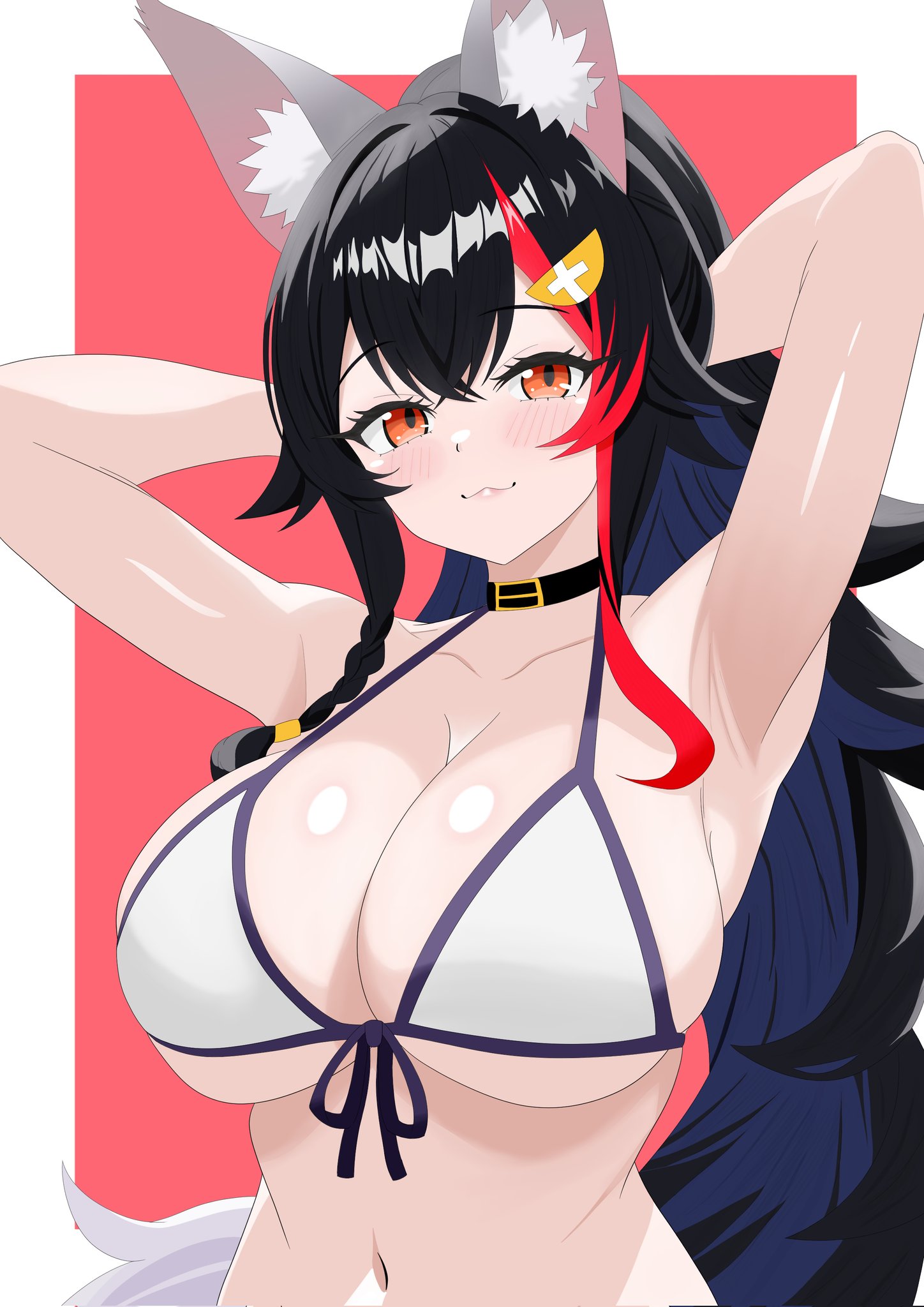 philip98267134, ookami mio, hololive, highres, 1girl, animal ear fluff, animal ears, armpits, arms behind head, bikini, black hair, blush, breasts, cleavage, closed mouth, large breasts, long hair, looking at viewer, multicolored hair, navel, orange eyes, smile, solo, stomach, streaked hair, swimsuit, tail, very long hair, white bikini, wolf ears, wolf girl, wolf tail