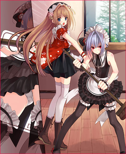 kasukabe akira, nao (otosuki), yuki (otosuki), otoko no ko wa meido fuku ga osuki!?, white legwear, non-web source, 2boys, antenna hair, apron, blush, crossdressing, crossdressing (mtf), long hair, maid, maid apron, male maid, miniskirt, multiple boys, short hair, skirt, thighhighs, trap