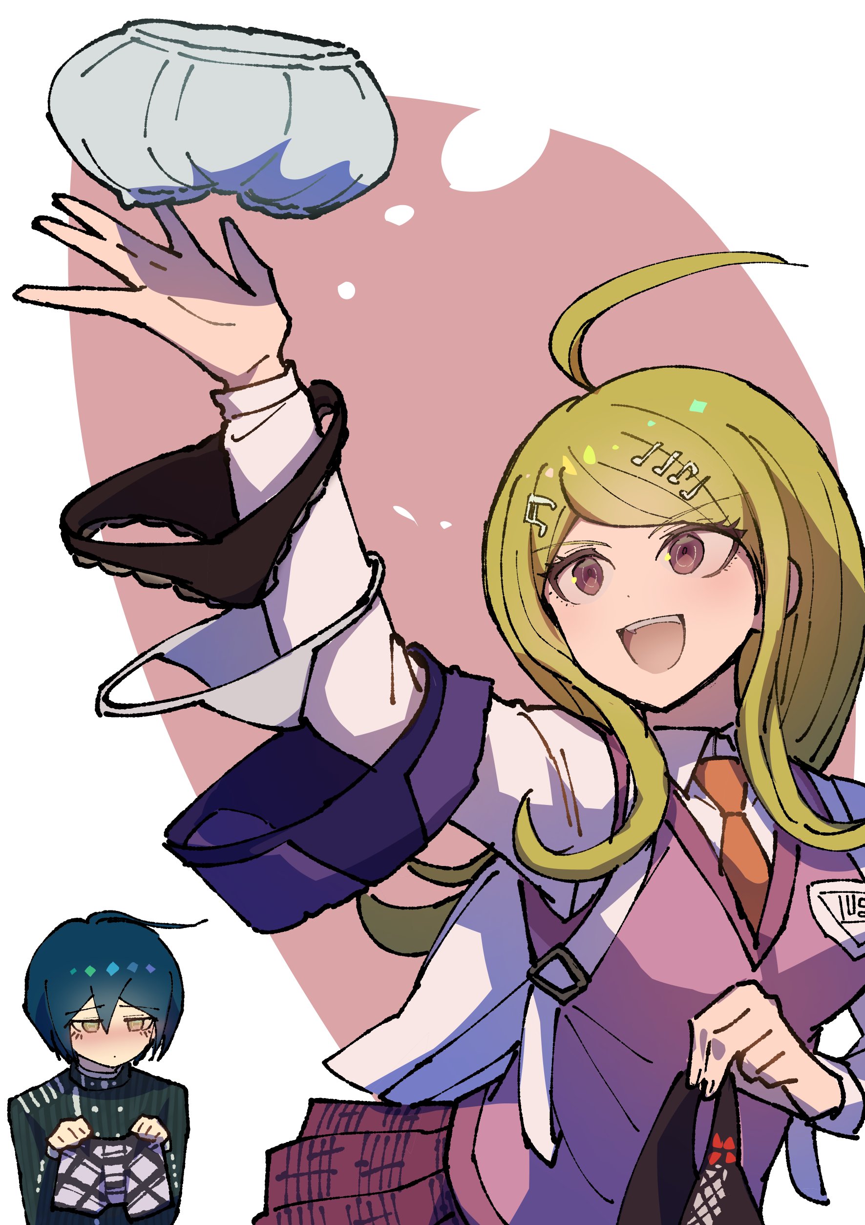 youko-shima, akamatsu kaede, saihara shuichi, danganronpa (series), danganronpa v3: killing harmony, absurdres, highres, 1boy, 1girl, :d, ahoge, black panties, blonde hair, bloomers, boxers, breasts, brown necktie, collared shirt, collection, fortissimo, hair ornament, holding, holding underwear, holding unworn clothes, jacket, lace, lace-trimmed panties, lace trim, large breasts, long hair, male underwear, musical note, musical note hair ornament, necktie, open mouth, panties, pink background, pink sweater vest, sad, shirt, smile, striped clothes, striped jacket, sweater vest, teeth, underwear, unworn panties, upper teeth only, white background, white panties
