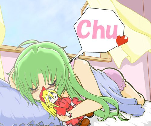 sonozaki mion, higurashi no naku koro ni, lowres, 00s, bed, doll, green hair, long hair, pajamas, sleeping, solo, window
