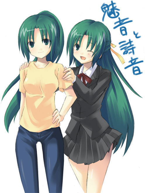 sonozaki mion, sonozaki shion, higurashi no naku koro ni, 00s, 2girls, ;d, character name, denim, female focus, green eyes, green hair, half updo, jeans, long hair, multiple girls, one eye closed, open mouth, pants, pleated skirt, ponytail, ribbon, school uniform, serafuku, siblings, simple background, sisters, skirt, smile, twins, white background, wink
