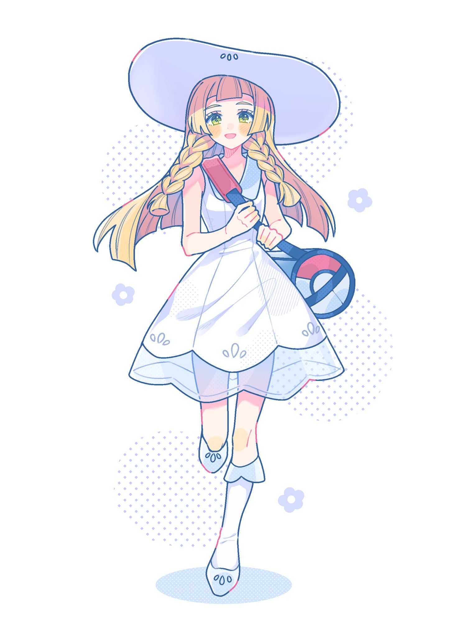 szr pi, lillie (pokemon), nintendo, pokemon, pokemon sm, highres, 1girl, bag, blonde hair, blunt bangs, blush, braid, breasts, collared dress, dress, duffel bag, flower, green eyes, hat, long hair, looking at viewer, open mouth, simple background, sleeveless, sleeveless dress, smile, solo, sun hat, sundress, twin braids, white background, white dress, white hat