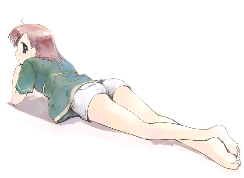 ikeda jun (mizutamari), original, 1girl, barefoot, blue eyes, brown hair, feet, female focus, full body, gradient background, lying, short hair, shorts, soles, solo, toes
