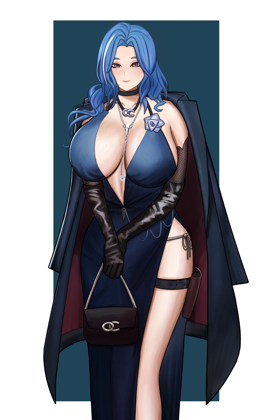 milphy66, dp-12 (girls' frontline), girls' frontline, girls' frontline 2: exilium, commentary, english commentary, highres, 1girl, bag, bare shoulders, blue background, blue hair, breasts, cleavage, closed mouth, coat, coat on shoulders, elbow gloves, gloves, grey eyes, hair over shoulder, handbag, helen (girls' frontline 2), helen (starlit waltz) (girls' frontline 2), holster, huge breasts, jewelry, long hair, looking at viewer, necklace, pantylines, simple background, smile, solo, standing, thigh holster, thigh strap, white background
