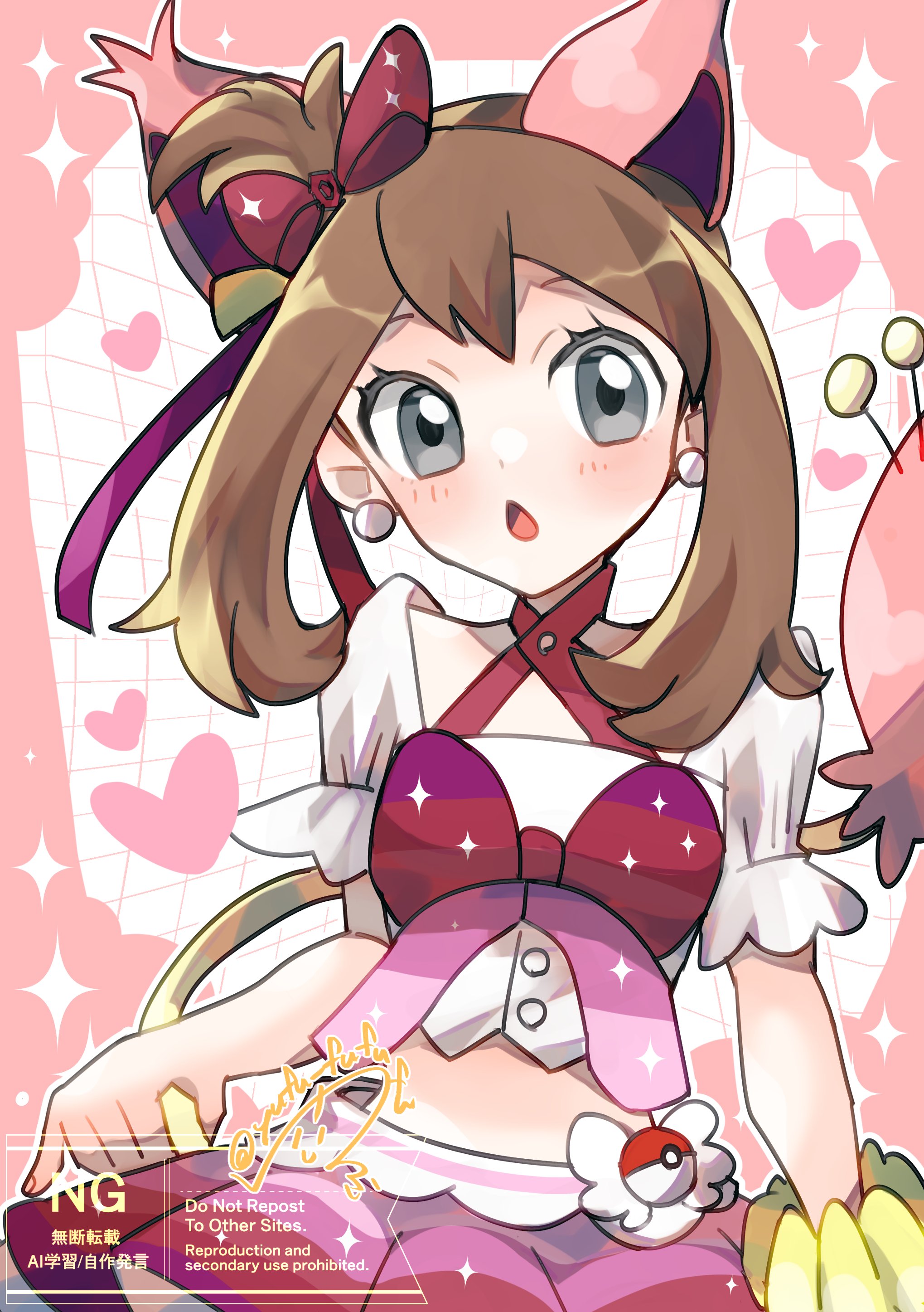 may (contest) (pokemon), may (pokemon), skitty, nintendo, pokemon, pokemon oras, absurdres, highres, 1girl, animal ears, blush, bow, breasts, brown hair, cosplay, criss-cross halter, earrings, gen 3 pokemon, grey eyes, hair bow, halterneck, heart, idol, jewelry, looking at viewer, midriff, open mouth, overskirt, pink bow, pink skirt, poke ball, poke ball (basic), shirt, skirt, skitty (cosplay), star (symbol), tail, wrist cuffs, yufu fufufu