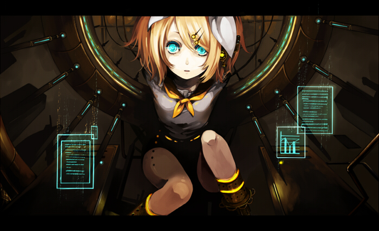 riku (artist), riku (wana), kagamine rin, vocaloid, non-web source, blonde hair, blue eyes, hair ornament, hairclip, letterboxed, short hair, solo