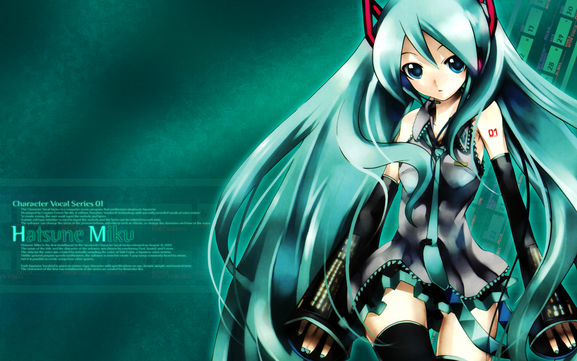 kei (keigarou), hatsune miku, vocaloid, highres, non-web source, green hair, long hair, skirt, solo, twintails