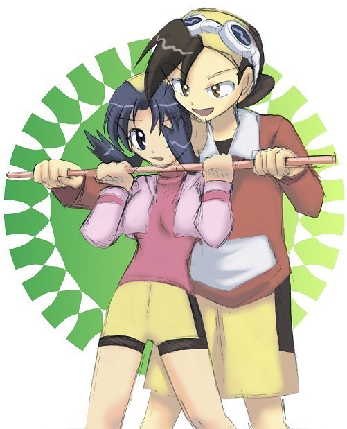 ethan (pokemon), kris (pokemon), nintendo, pokemon, pokemon adventures, bike shorts, black hair, blue eyes, blue hair, brown eyes, cue stick, goggles, hat, long hair, short hair, stick, you gonna get raped