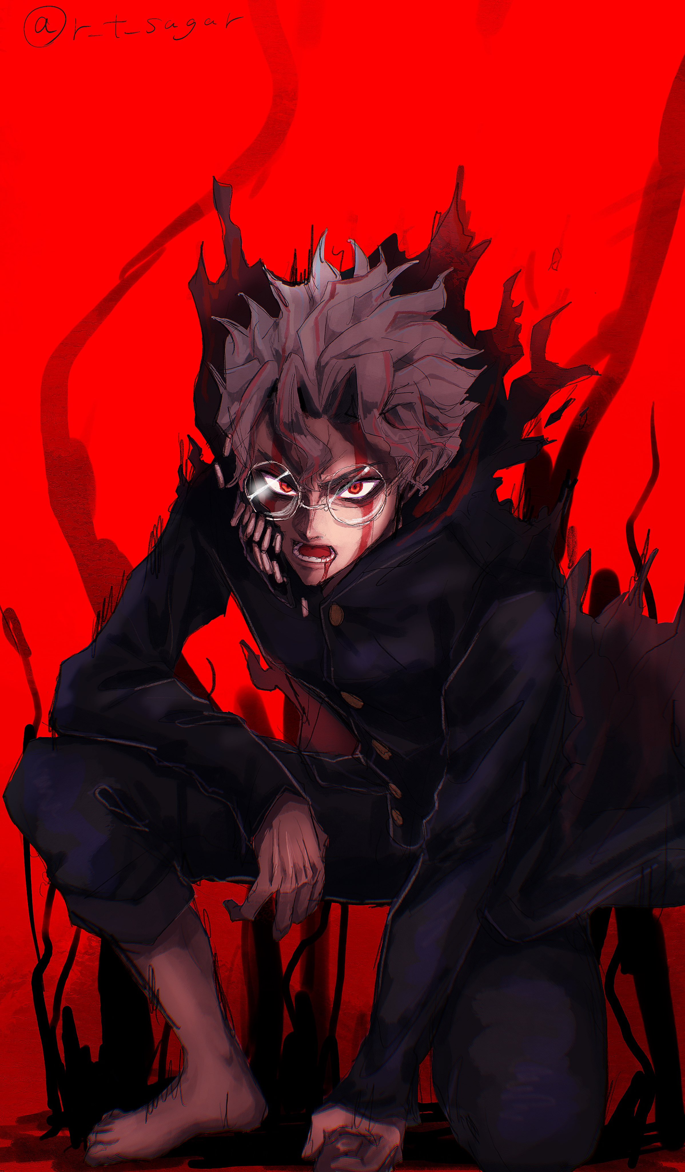 r t sugar, takakura ken (dandadan), takakura ken (transformed) (dandadan), dandadan, absurdres, highres, 1boy, barefoot, blood, blood from mouth, facial mark, full body, furrowed brow, gakuran, glasses, male focus, multicolored hair, on one knee, open mouth, parted bangs, red background, red eyes, red hair, round eyewear, school uniform, short hair, solo, streaked hair, teeth, twitter username, white hair