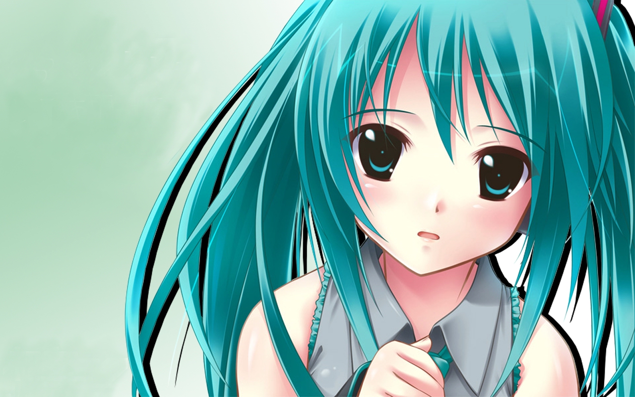 amino, amino kohaku, hatsune miku, vocaloid, non-web source, 1girl, aqua hair, blush, collared shirt, female focus, gradient background, grey shirt, hair ornament, headphones, long hair, looking at viewer, necktie, open mouth, shirt, solo, twintails