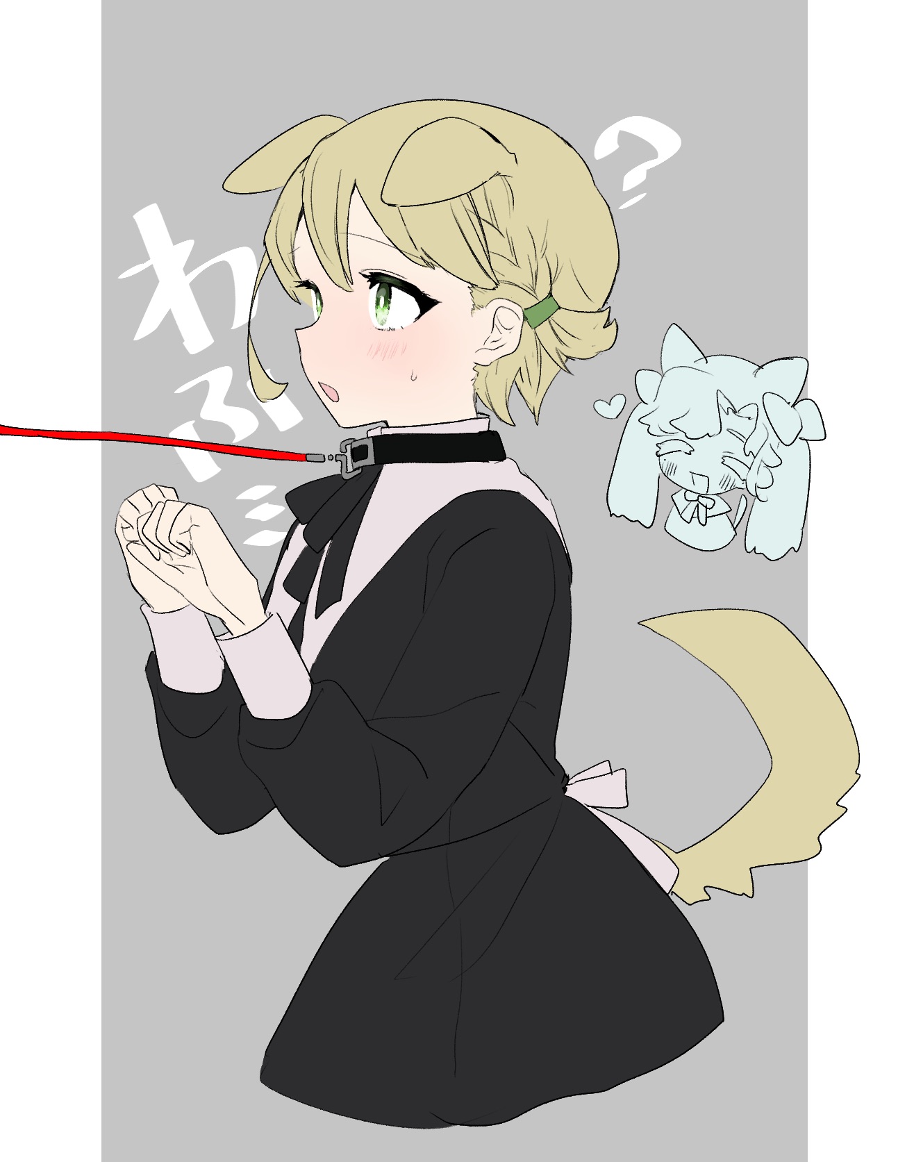 eurasia (wtp09ptw14), original, commentary request, highres, 2girls, ?, animal ears, black collar, black dress, blonde hair, blush, chibi, chibi inset, collar, dog ears, dog girl, dog tail, double-parted bangs, dress, from side, green eyes, grey background, heart, leash, long sleeves, multiple girls, open mouth, pillarboxed, short hair, sketch, small sweatdrop, solo focus, tail