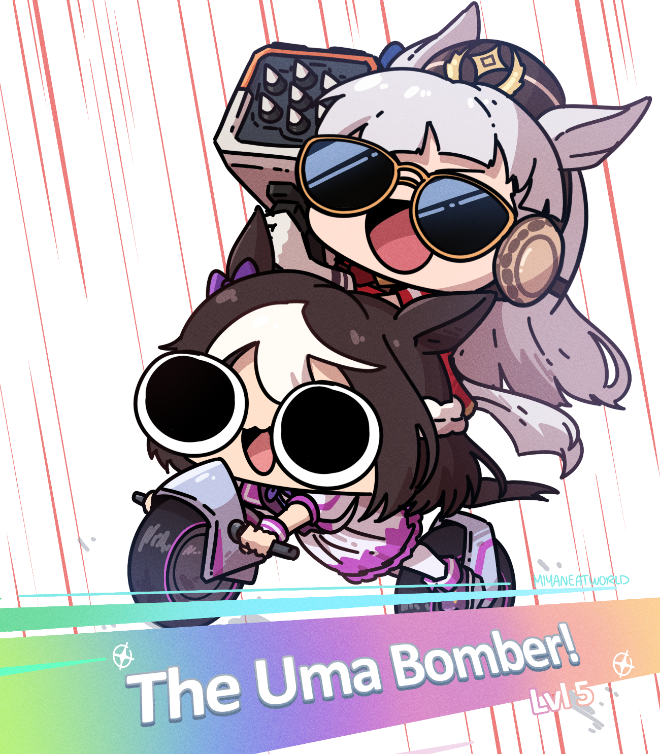 miyan (oceanmaiden), gold ship (red strife) (umamusume), gold ship (umamusume), special week (special dreamer) (umamusume), special week (umamusume), umamusume, commentary, english commentary, highres, 2girls, animal ears, artist name, bow, brown hair, brown hat, dress, ear bow, ear ribbon, english text, full body, grey hair, hat, holding, holding rocket launcher, holding weapon, horse ears, horse girl, horse tail, long hair, multicolored hair, multiple girls, open mouth, pillbox hat, purple bow, purple shirt, red dress, riding, rocket launcher, sailor collar, sailor shirt, shirt, short hair, smile, sunglasses, tail, two-tone hair, weapon, white hair