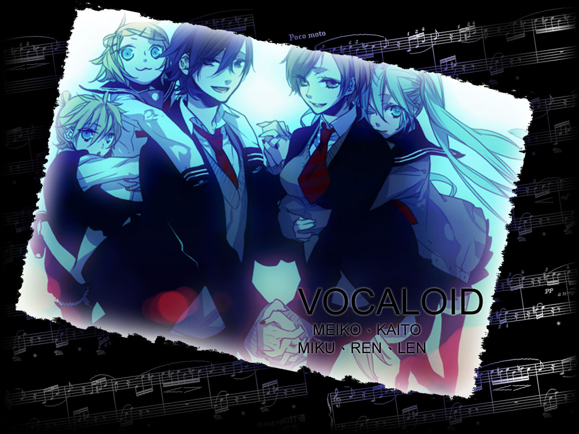 kazuaki, hatsune miku, kagamine len, kagamine rin, kaito (vocaloid), meiko (vocaloid), vocaloid, non-web source, photo (medium), 2boys, 3girls, aqua hair, black hair, blonde hair, brother and sister, brown hair, company connection, cowboy shot, formal clothes, long hair, long sleeves, looking at viewer, multiple boys, multiple girls, photo (object), siblings, simple background, suit, text focus, twins, twintails, very long hair, white background