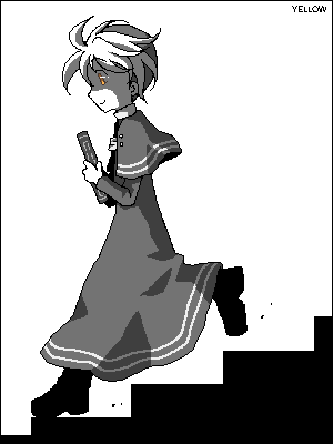 yellow (pokemon), nintendo, pokemon, pokemon adventures, lowres, 1girl, book, boots, character name, dress, female focus, greyscale, hat, monochrome, short hair, simple background, smile, solo, spot color, stairs, white background, yellow eyes