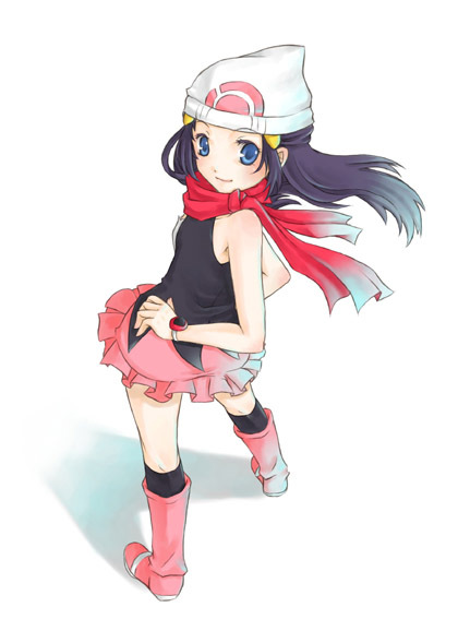 dawn (pokemon), nintendo, pokemon, 1girl, beanie, blue eyes, blue hair, boots, female focus, full body, hat, long hair, looking up, matching hair/eyes, pink boots, red scarf, scarf, simple background, skirt, solo, standing, white background