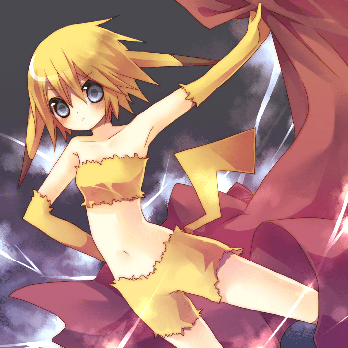 pikachu, nintendo, pokemon, satoxpika, non-web source, 1girl, :<, blonde hair, costume, elbow gloves, female focus, gen 1 pokemon, gloves, grey eyes, midriff, navel, personification, pointy ears, short hair, solo, tail