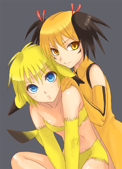 kogara, kogaran, pikachu, raichu, zapdos, nintendo, pokemon, satoxpika, non-web source, 2girls, animal ears, black hair, blonde hair, blue eyes, costume, elbow gloves, gen 1 pokemon, gloves, grey background, hair ribbon, legendary pokemon, multicolored hair, multiple girls, orange eyes, orange hair, personification, ribbon, short hair, simple background, smile, tail, twintails, yellow eyes