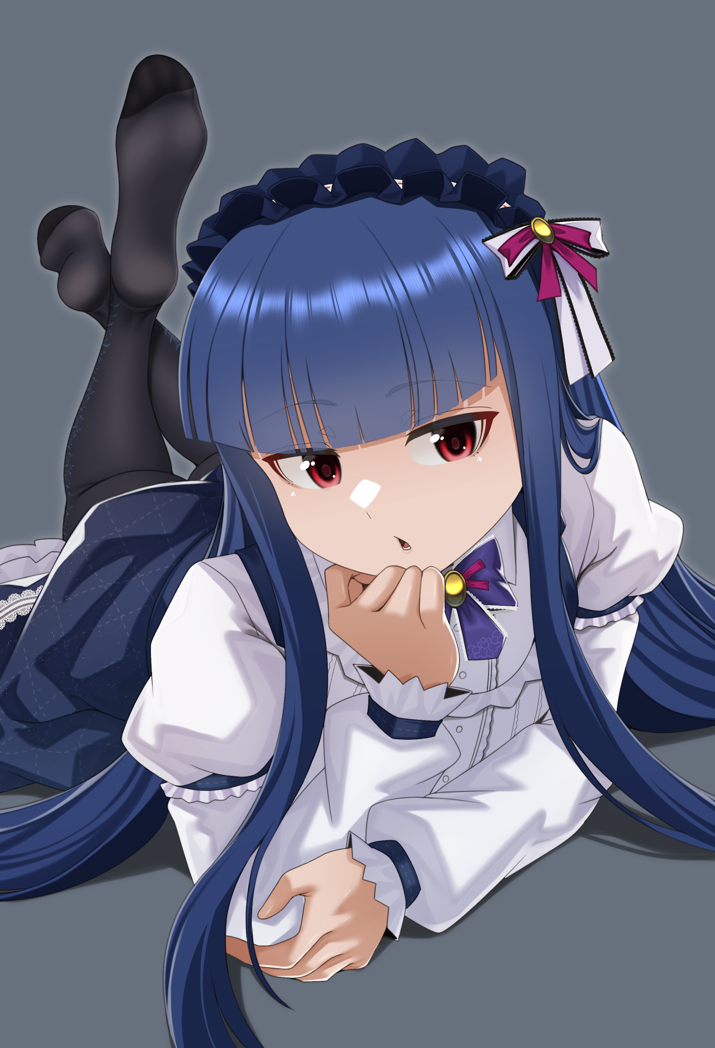 tsa, sajo yukimi, idolmaster, idolmaster cinderella girls, absurdres, highres, 1girl, black pantyhose, blue hair, blue hairband, blue skirt, blunt bangs, bow, crossed ankles, feet, feet up, full body, grey background, hairband, hime cut, juliet sleeves, long hair, long sleeves, looking at viewer, lying, no shoes, on stomach, open mouth, pantyhose, puffy sleeves, purple bow, red eyes, shadow, shirt, sidelocks, simple background, skirt, solo, the pose, very long hair, white bow, white shirt