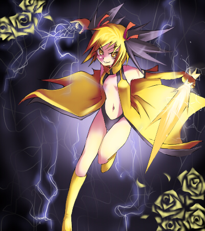 raichu, zapdos, nintendo, pokemon, satoxpika, lowres, non-web source, 1girl, blonde hair, electricity, female focus, flower, gen 1 pokemon, hair ribbon, legendary pokemon, midriff, navel, personification, ribbon, solo, sword, twintails, weapon