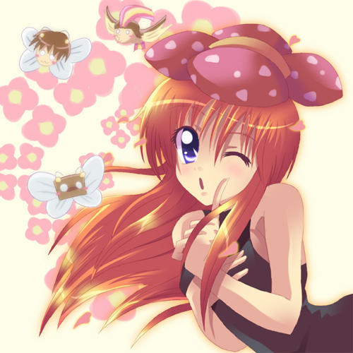 hokuto (hokuto pk), green (pokemon), pidgeot, vileplume, nintendo, pokemon, pokemon adventures, pokemon rgby, pokemon rgby beta, satoxpika, jpeg artifacts, lowres, non-web source, 1girl, :o, bare shoulders, brown hair, costume, female focus, gen 1 pokemon, one eye closed, personification, prototype design, red hair, solo, wink
