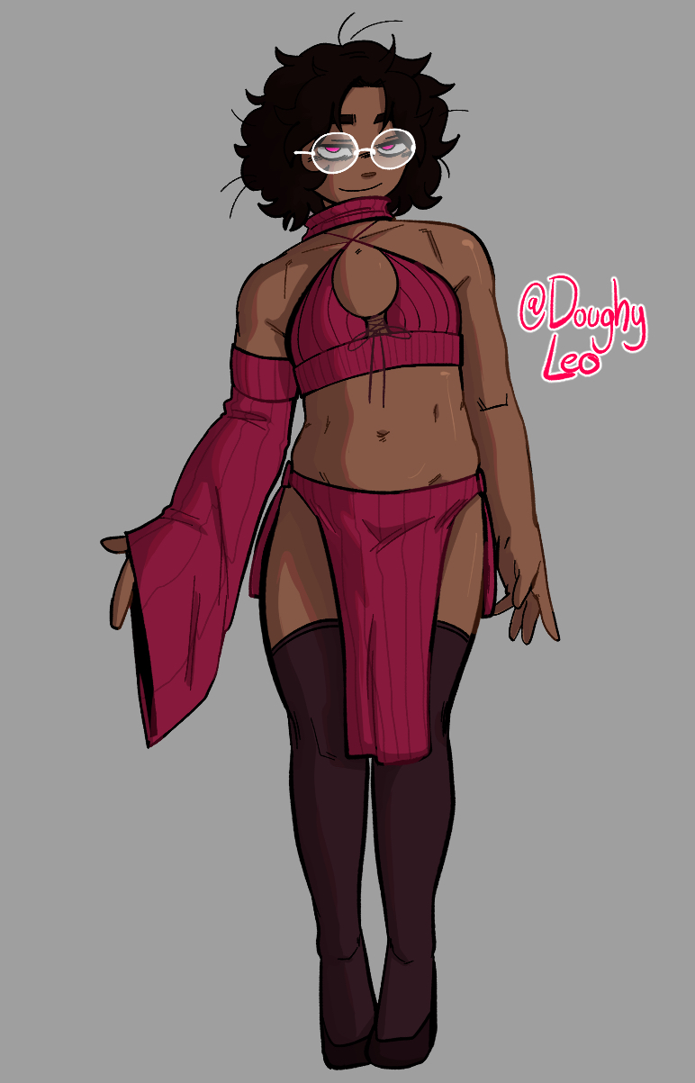 original, bad link, highres, ambiguous gender, belly, curly hair, dark skin, detached sleeves, doughleo, glasses, high heels, looking at viewer, thighhighs, trap