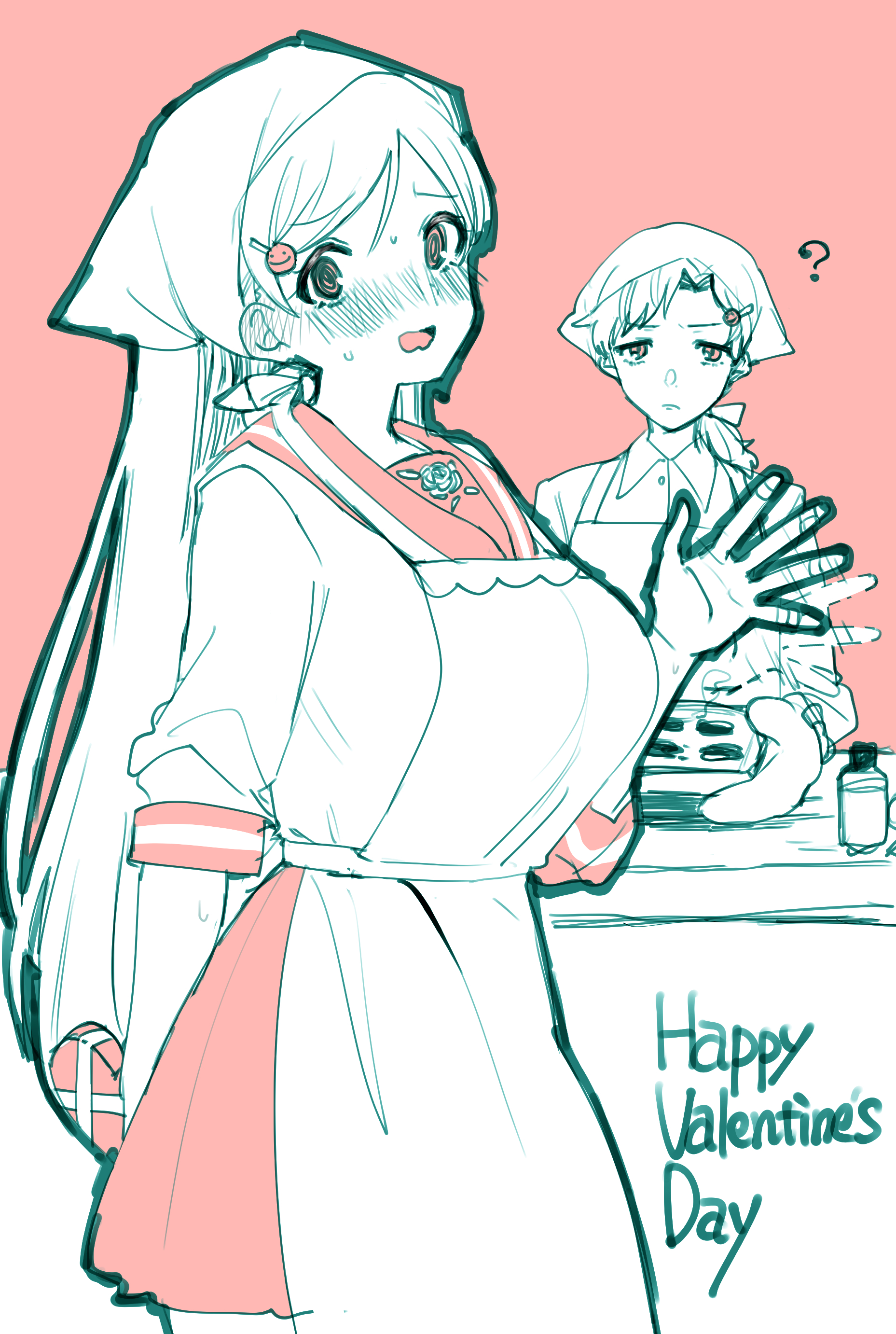 eurasia (wtp09ptw14), original, absurdres, commentary request, highres, 2girls, ?, apron, bandaged fingers, bandages, black outline, blush, box, breasts, cowboy shot, double-parted bangs, gift, gloves, hand up, happy valentine, holding, holding box, holding gift, large breasts, long hair, looking at viewer, multiple girls, open mouth, outline, partially colored, pink background, pink eyes, pink sailor collar, pink skirt, sailor collar, short sleeves, simple background, sketch, skirt, solo focus, sweat
