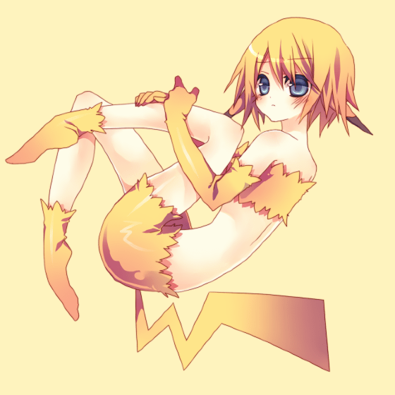 pikachu, nintendo, pokemon, satoxpika, non-web source, 1girl, ass, costume, female focus, gen 1 pokemon, personification, simple background, solo