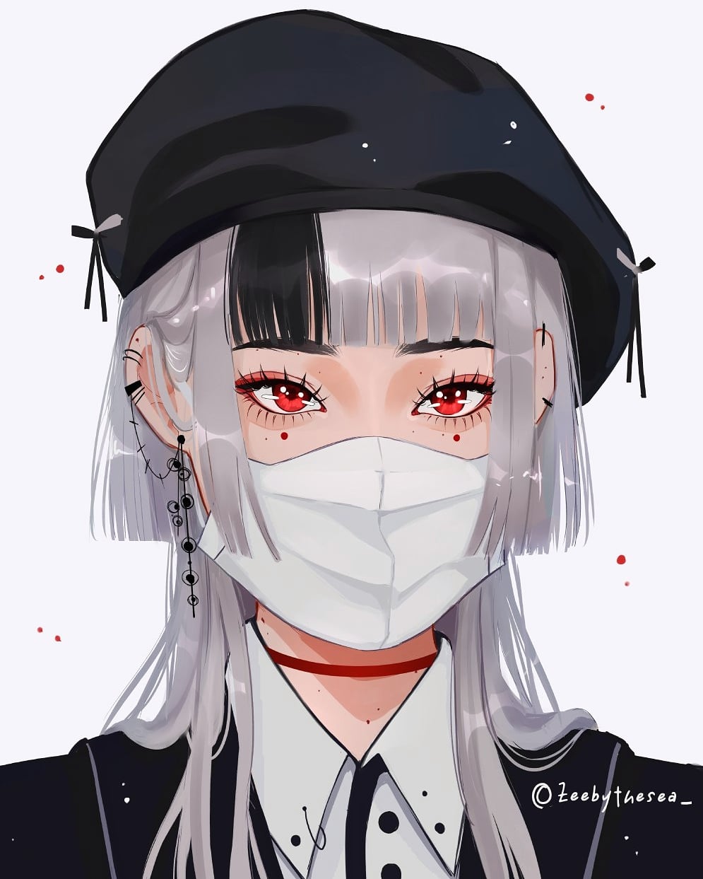 zeebythesea, original, highres, 1girl, aegyo sal, asian, backpack, bag, beret, black hair, black hat, black jacket, black trim, blazer, bob cut, choker, collared shirt, ear piercing, earrings, eyelashes, eyeliner, hair behind ear, hair over shoulder, hat, hat ribbon, jacket, jellyfish cut, jewelry, kira (zeebythesea), light particles, looking ahead, makeup, mask, mole, mole on ear, mole on neck, mole under each eye, mole under eye, mouth mask, multicolored hair, multiple moles, piercing, portrait, red choker, red eyeliner, red eyes, ribbon, shirt, single earring, straight hair, streaked hair, thick eyebrows, twitter username, two-tone hair, white background, white mask, white shirt