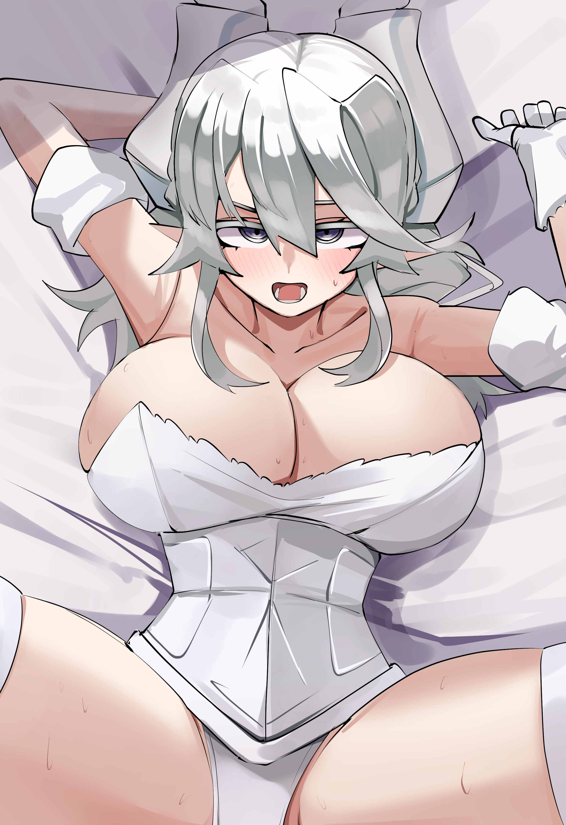 cotan (actancyaga), lovely labrynth of the silver castle, yu-gi-oh!, absurdres, highres, bare shoulders, blush, cleavage cutout, clothing cutout, demon girl, demon horns, drill hair, duel monster, grey eyes, grey hair, horns, lying, on back, on bed, panties, pointy ears, ringed eyes, spread legs, twin drills, underwear, white panties