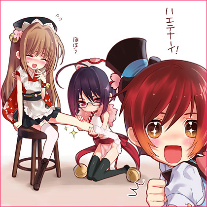 kasukabe akira, nao (otosuki), rio (otosuki), tomo (otosuki), otoko no ko wa meido fuku ga osuki!?, lowres, non-web source, 3boys, antenna hair, apron, blush, crossdressing, crossdressing (mtf), glasses, hat, long hair, maid, maid apron, male focus, male maid, miniskirt, multiple boys, short hair, skirt, thighhighs, trap