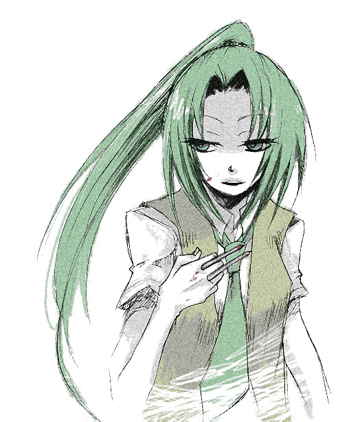 sonozaki shion, higurashi no naku koro ni, 00s, 1girl, blood, female focus, green eyes, green hair, long hair, nail (hardware), necktie, ponytail, simple background, solo, white background, yandere