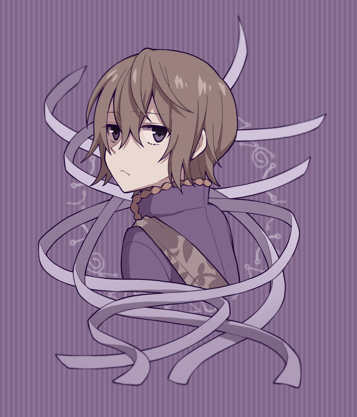 tamakingx422x, nier, nier (series), commentary request, highres, 1boy, bandages, brown hair, closed mouth, cropped torso, emil (human) (nier), frown, hair between eyes, jacket, looking at viewer, male focus, purple background, purple eyes, purple jacket, short hair, solo, striped background