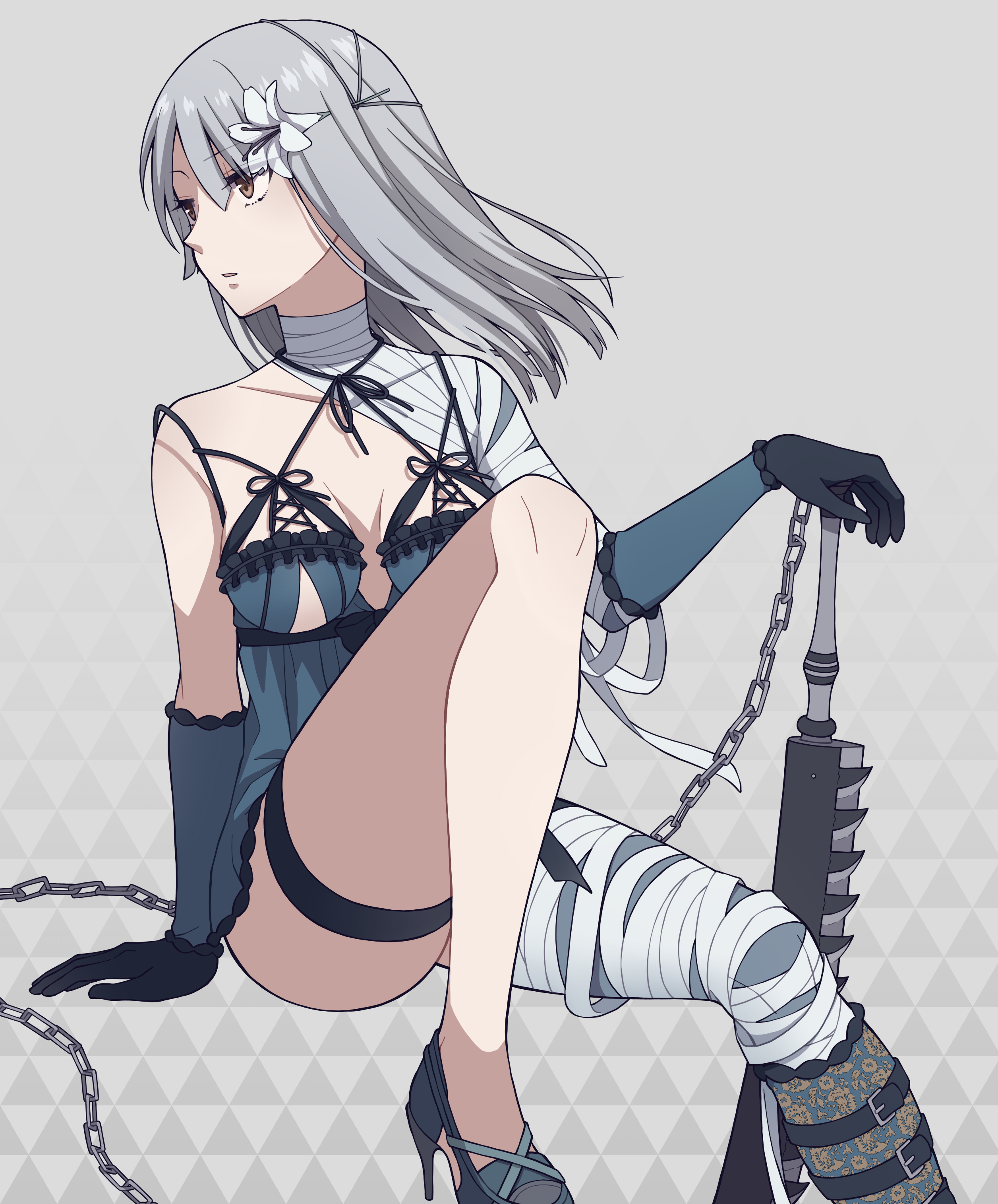 tamakingx422x, kaine (nier), nier, nier (series), absurdres, commentary request, highres, 1girl, bandaged arm, bandaged leg, bandaged neck, bandages, black gloves, black shoes, blue negligee, breasts, brown eyes, chainsword, collarbone, flower, foot out of frame, gloves, grey background, hair down, hair flower, hair ornament, hand on hilt, high heels, invisible chair, knee up, lingerie, looking to the side, lunar tear, medium breasts, medium hair, negligee, parted lips, shoes, sitting, solo, sword, underwear, weapon