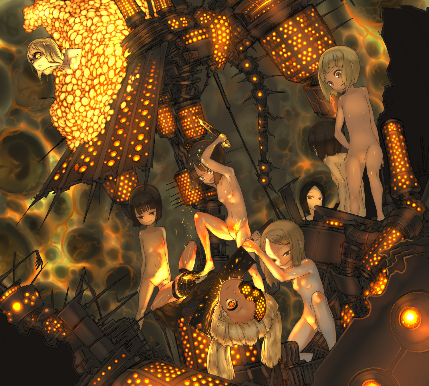 asgr, bad id, bad pixiv id, highres, 6+girls, android, knife, loli, multiple girls, no pussy, nude, science fiction, short hair