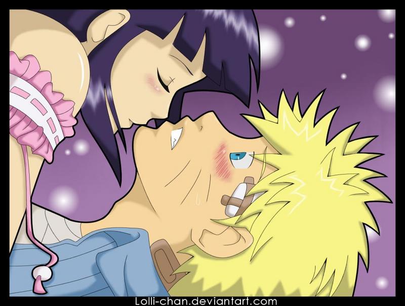 lolli-chan, hyuuga hinata, uzumaki naruto, naruto (classic), naruto (series), 1boy, 1girl, assertive female, bandaid, bandaid on face, bare shoulders, blonde hair, blue eyes, blue hair, blunt bangs, blush, closed eyes, couple, facial mark, femdom, frills, hetero, purple background, short hair, simple background, spiked hair, watermark, web address, whisker markings