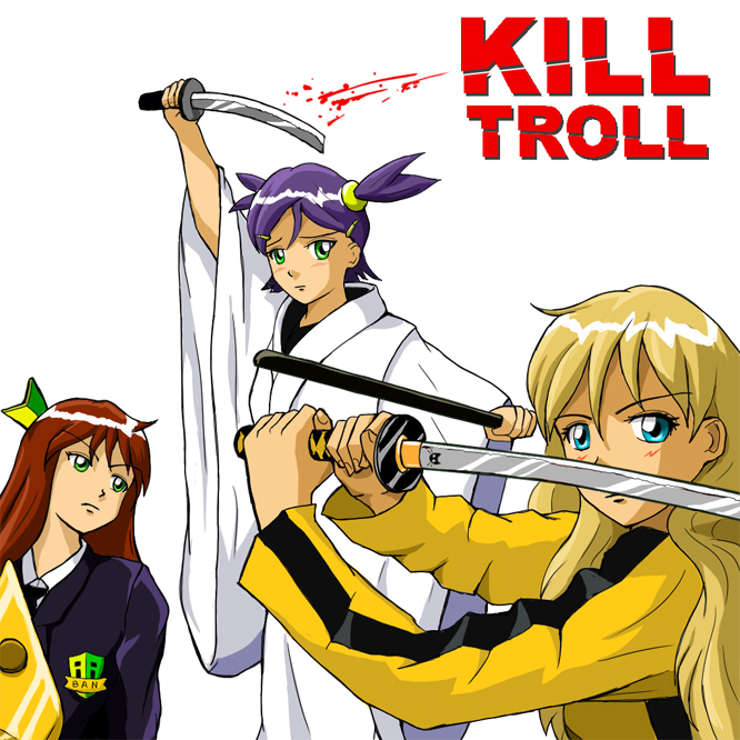 huyase, banhammer-tan, slavya-chan, unyl-chan, 2ch.ru, iichan.ru, kill bill, 3girls, badge, blonde hair, blood, blue eyes, blush, brown hair, bruce lee's jumpsuit, child, english text, green eyes, hair ornament, hairclip, japanese clothes, jumpsuit, katana, long hair, mascot, multiple girls, parody, purple hair, sheath, simple background, sword, troll, twintails, weapon, white background