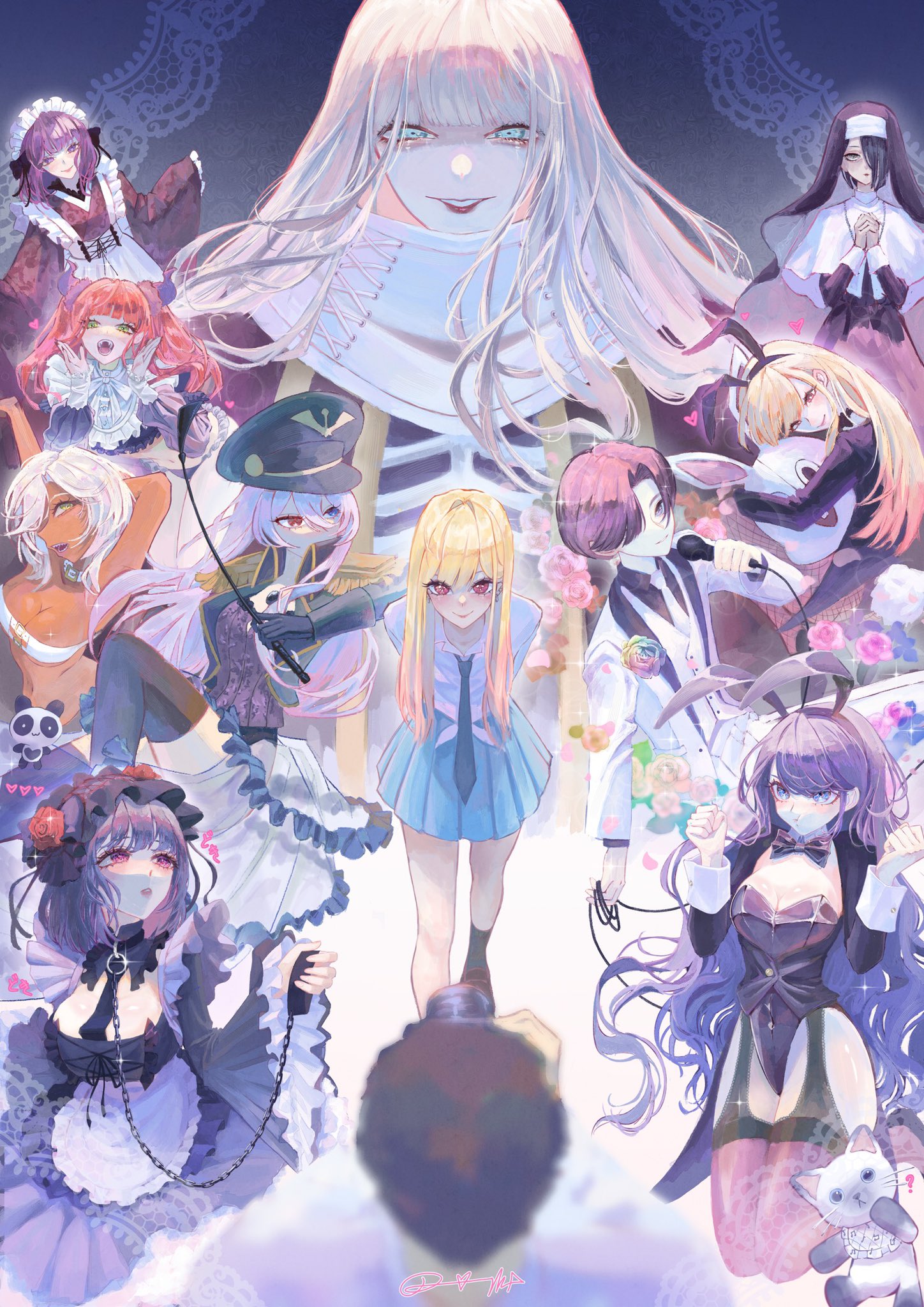 gojou wakana, kitagawa marin, kuroe shizuku, sono bisque doll wa koi wo suru, highres, aennimy, animal ears, black dress, black kimono, blonde hair, blue eyes, blue skirt, blurry, blurry foreground, breasts, cosplay, dark-skinned female, dark skin, dress, green eyes, heterochromia, japanese clothes, kimono, kuroe shizuku (cosplay), large breasts, nun, playboy bunny, pleated skirt, rabbit ears, red eyes, red hair, shirt, skirt, white shirt