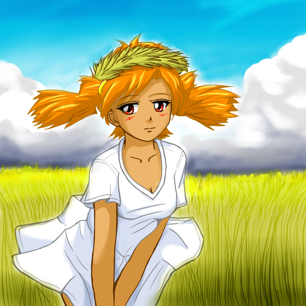 huyase, dvach-tan, 2ch.ru, 1girl, blush, breasts, cleavage, cloud, collarbone, day, dress, female focus, field, grass, head wreath, lightning hair, looking at viewer, mascot, medium breasts, orange hair, outdoors, personification, red eyes, short sleeves, sky, smile, solo, twintails, wheat, white dress, wreath