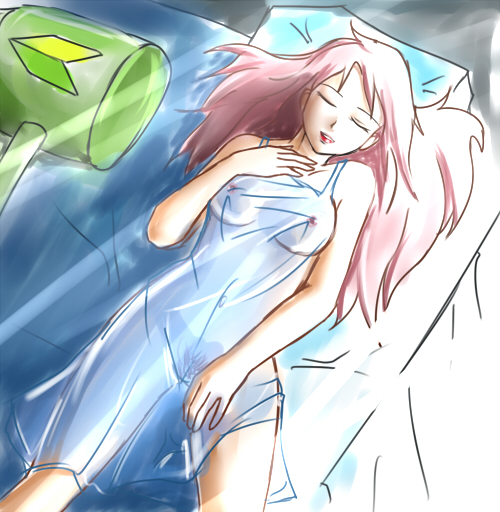 huyase, banhammer-tan, 2ch.ru, 1girl, breasts, brown hair, female focus, female pubic hair, hammer, long hair, medium breasts, nipples, pubic hair, see-through clothes, shoshinsha mark, sleeping, solo