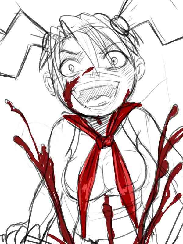 smolev, dvach-tan, blood, monochrome, sketch, twintails, yandere