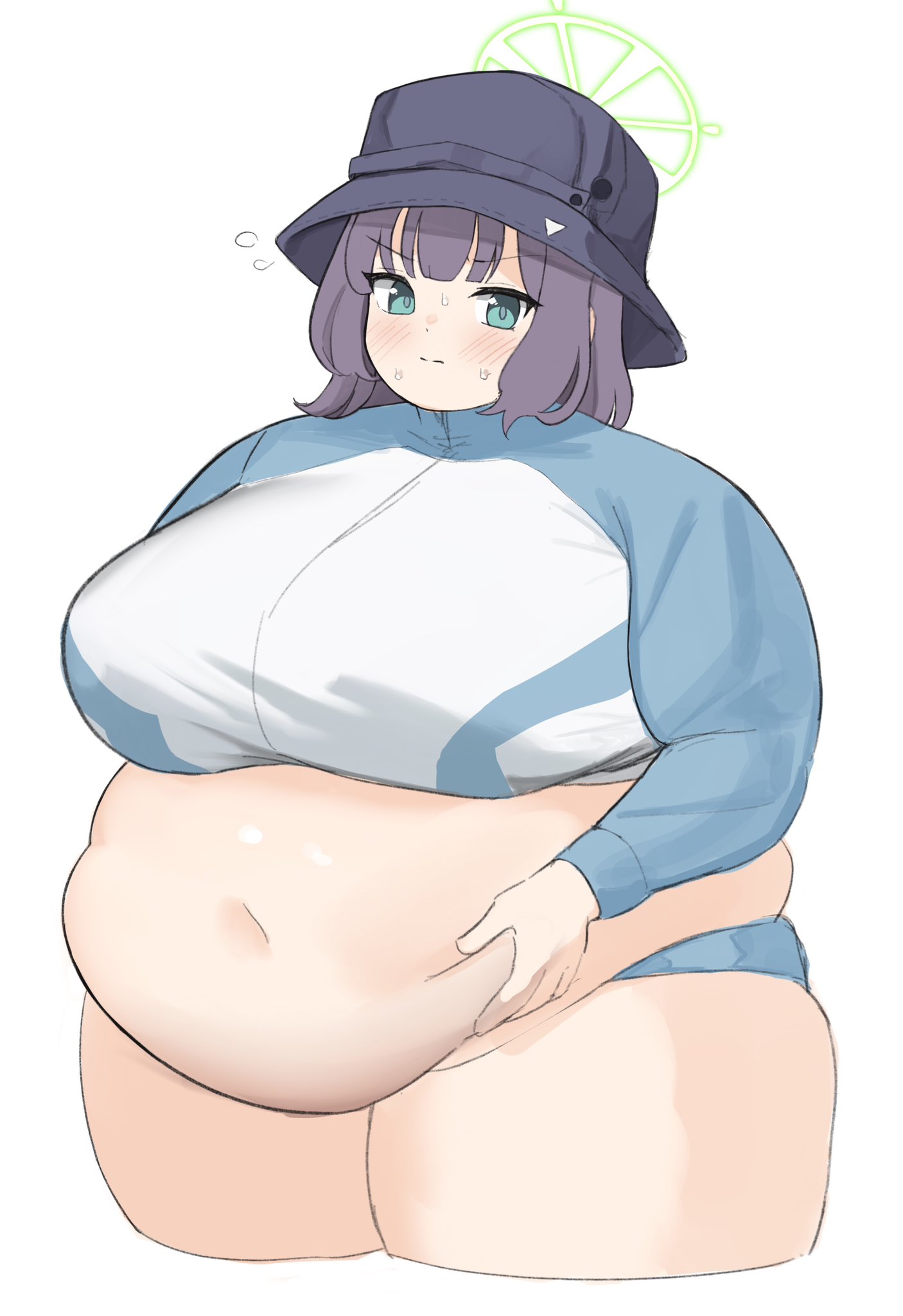 7sufyfhysfsdkn0, saki (blue archive), saki (swimsuit) (blue archive), blue archive, 1girl, belly, belly grab, big belly, blue hat, blue shorts, blush, bodysuit, breasts, bucket hat, crop top, diving suit, fat, fat woman, green eyes, halo, hand on own stomach, hat, large breasts, navel, obese, purple hair, short hair, short shorts, shorts, solo, standing, sweat, wetsuit, white background